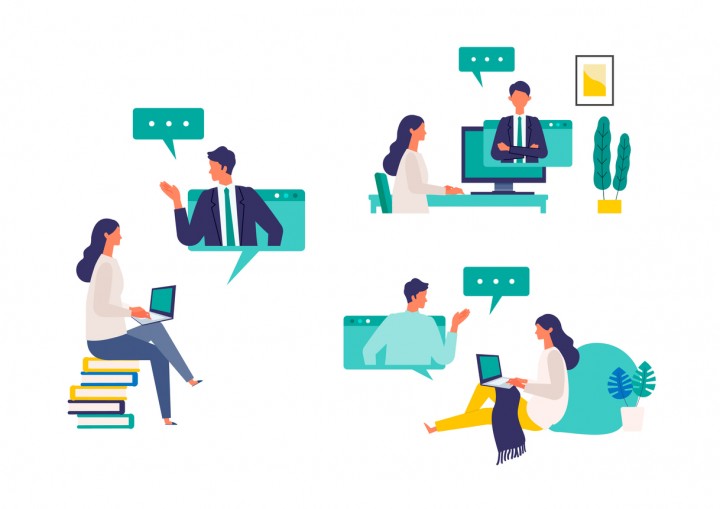 Concept for remote work, online class, teleconference. Vector illustration of people having communication via telecommuting system. Flat design vector illustration of talking people via online.